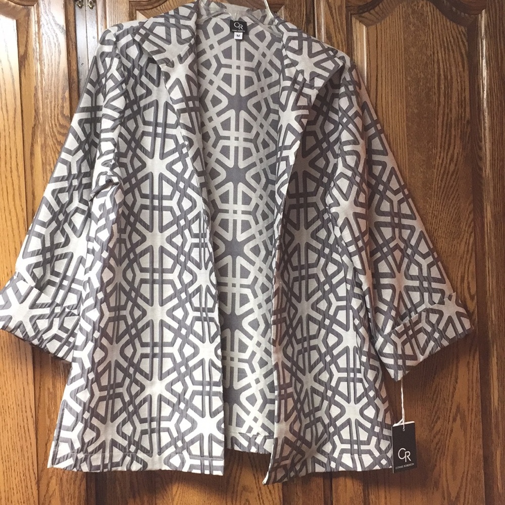 A patterned gray and white jacket